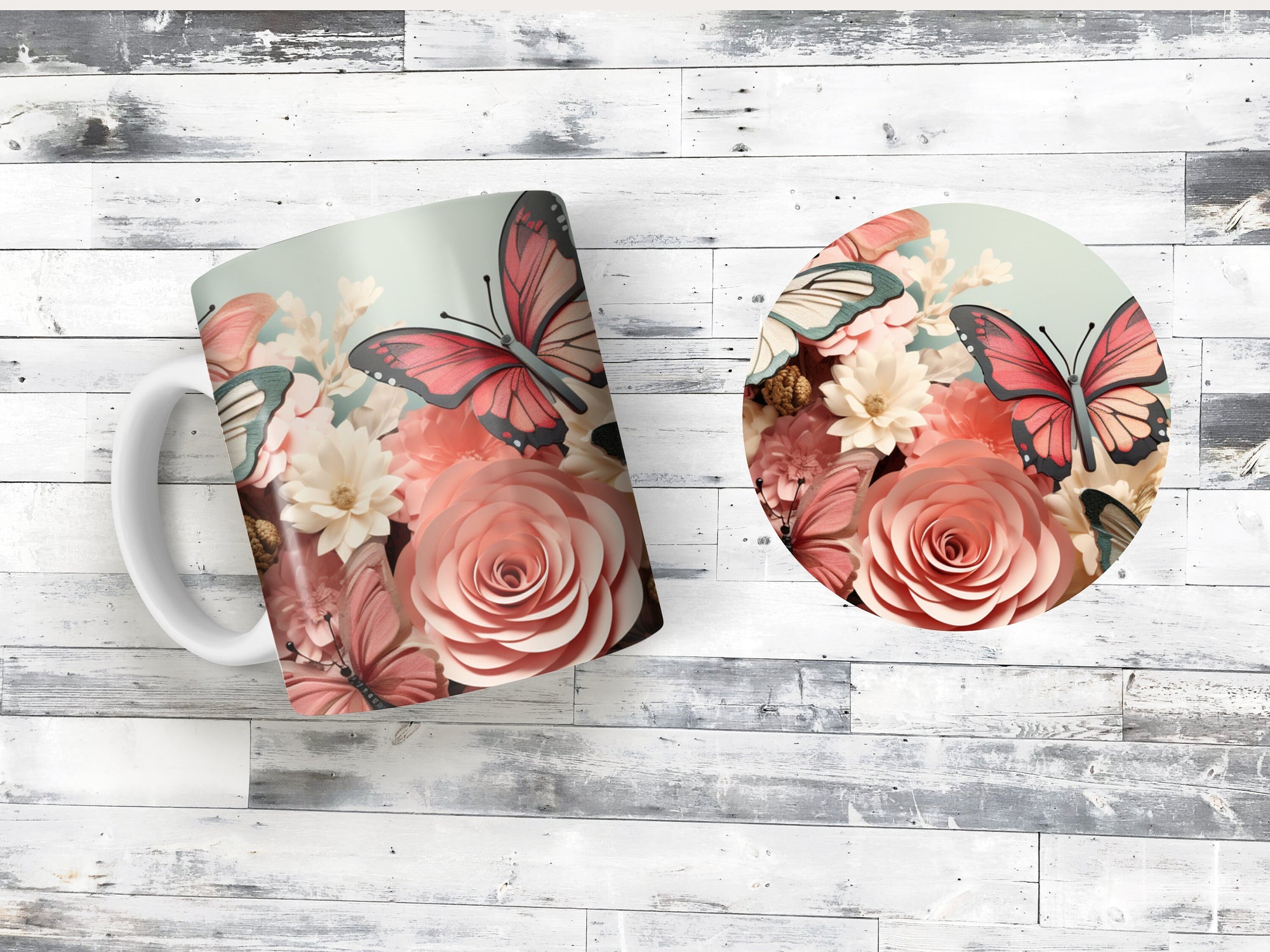 11 oz Ceramic Mug and Matching Coaster Set &quot;Pink Flowers & Butterflies&quot; #115