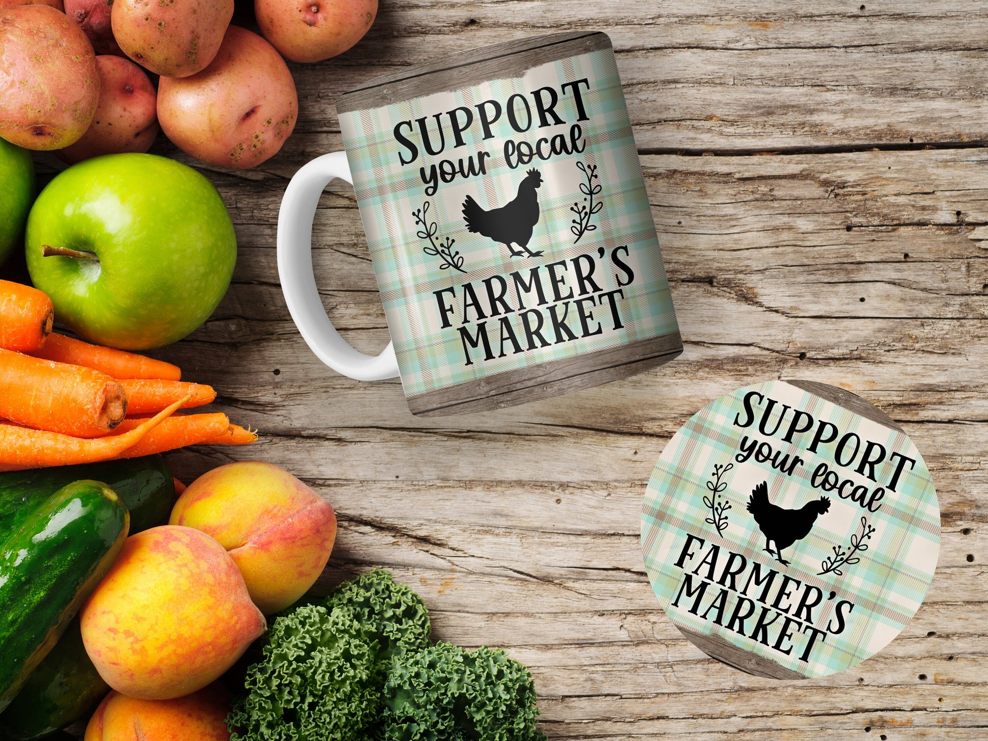 11 oz Ceramic Mug and Matching Coaster Set &quot;Support Local Farmers Market&quot; #106