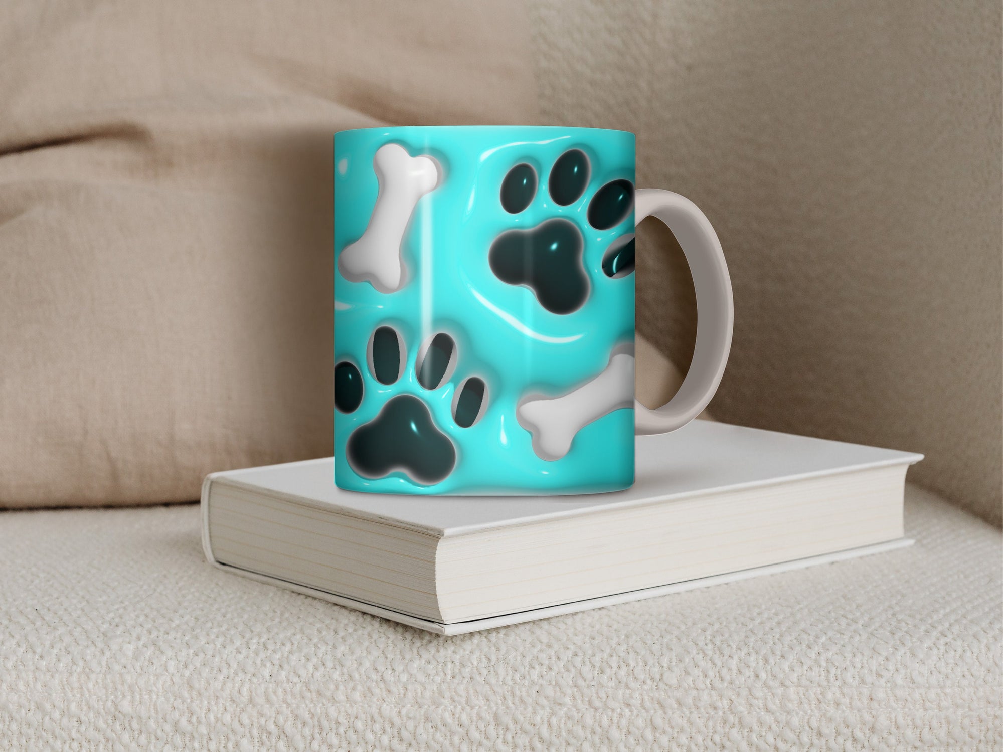 11 oz Ceramic Mug and Matching Coaster Set &quot;Puffed Paw Prints & Bones&quot; #110