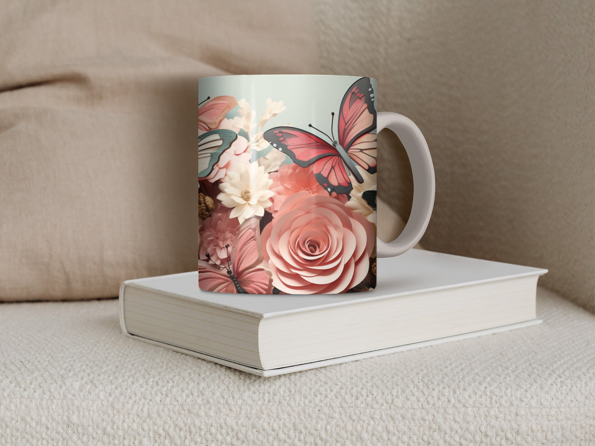 11 oz Ceramic Mug and Matching Coaster Set &quot;Pink Flowers & Butterflies&quot; #115