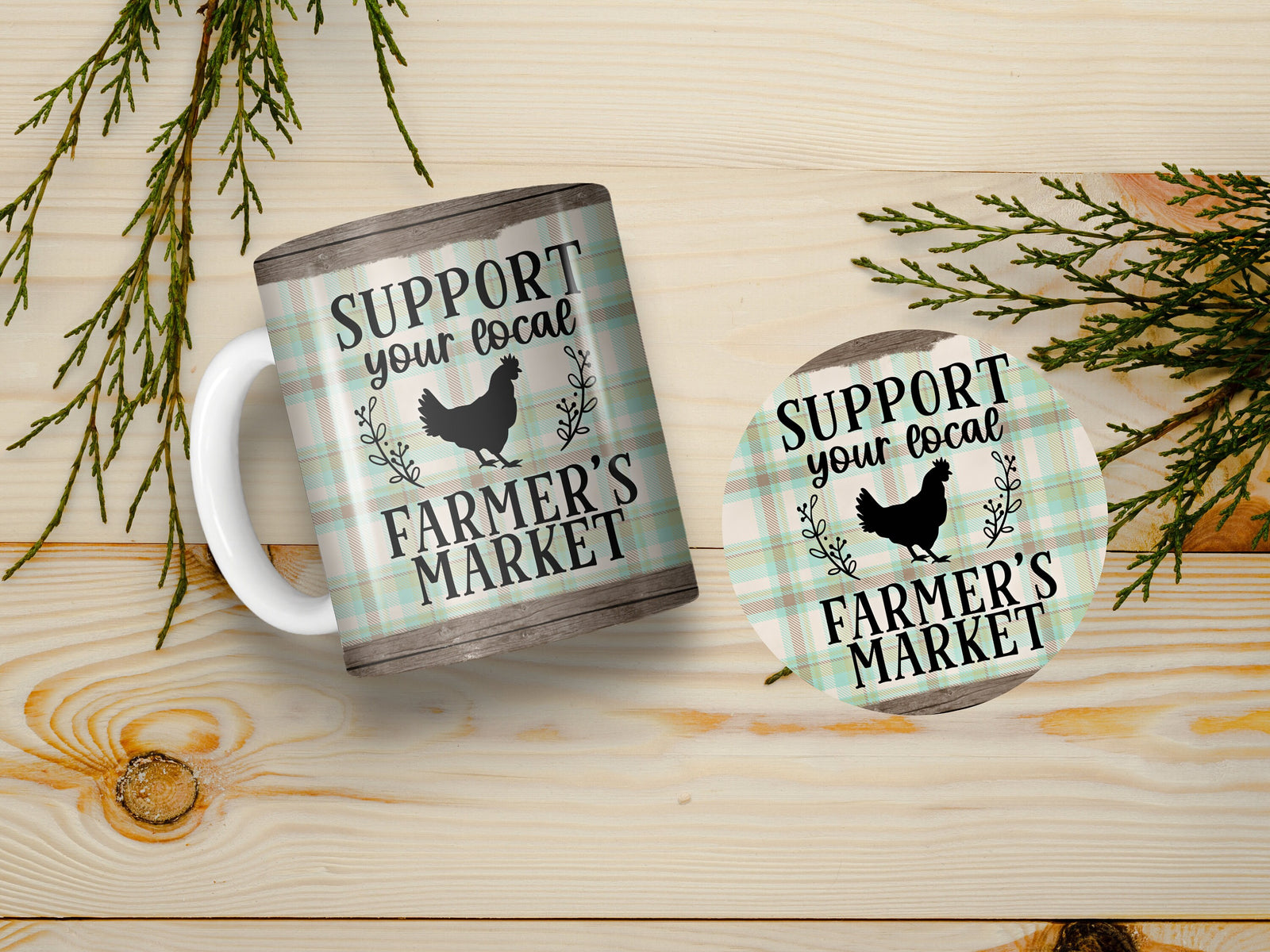 11 oz Ceramic Mug and Matching Coaster Set &quot;Support Local Farmers Market&quot; #106