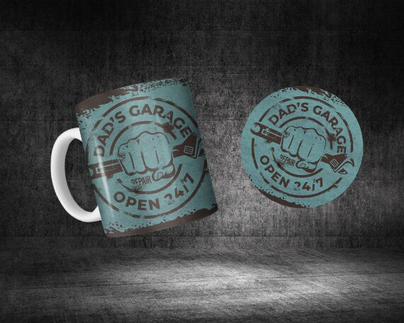 11 oz Ceramic Mug and Matching Coaster Set "Dad's Garage" #107