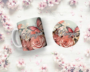 11 oz Ceramic Mug and Matching Coaster Set "Pink Flowers & Butterflies" #115