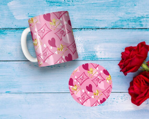 Personalized Ceramic Mug and Matching Coaster Set/11 oz & 15 oz Coffee Mug/Valentines Hearts and Letters Design/ #121