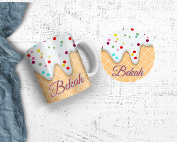 11 oz Ceramic Mug and Matching Coaster Set "Ice cream Cone" #101