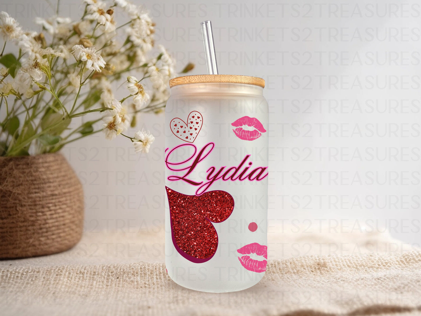 18oz PersonalizedFrosted Glass Tumbler/Glass Coffee Tumbler with Bamboo Lid & Glass Straw/Hearts and Kisses/#221