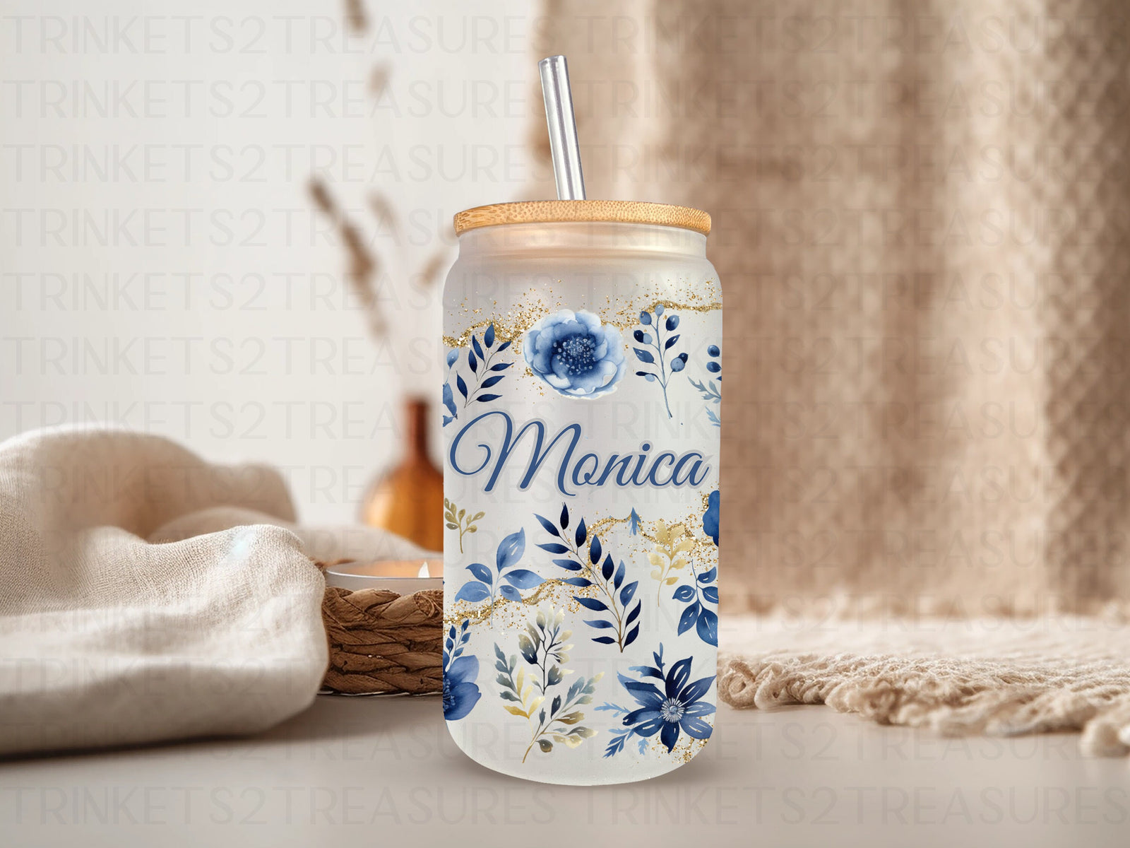 18oz Glass Can Blue Flower Field #207