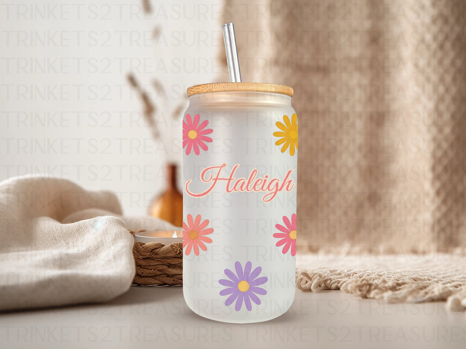 18oz Glass Can Colorful Daisies #209