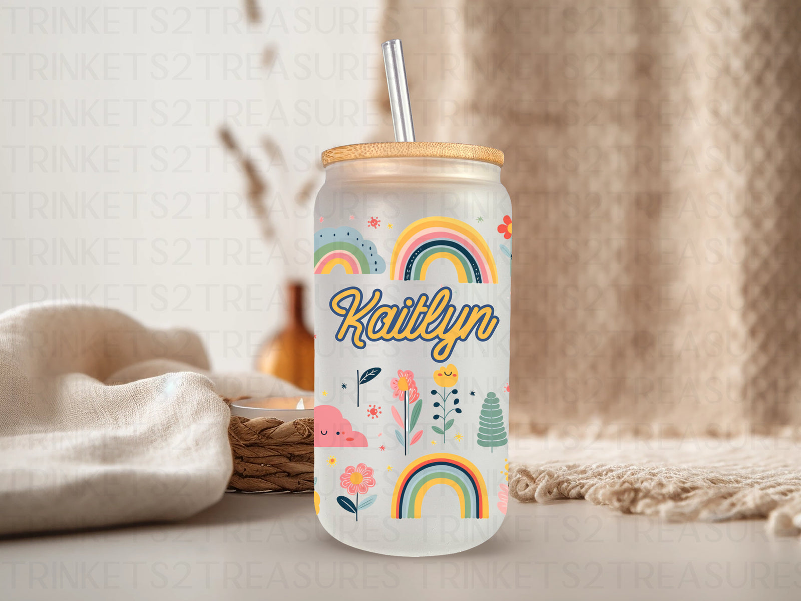 18oz Glass Can Flowers & Rainbows #202