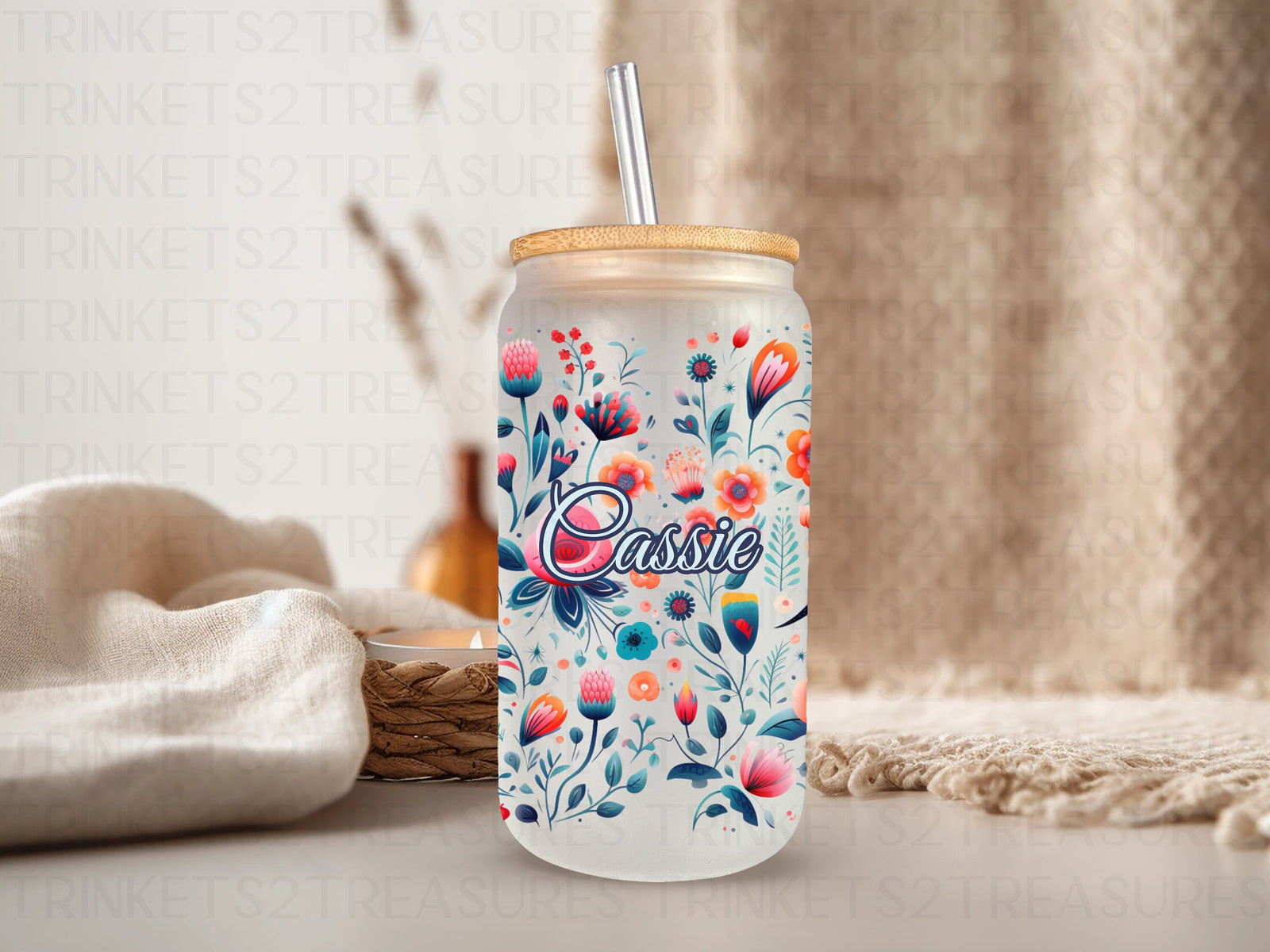 18oz Glass Can Orange Blue Birds #217