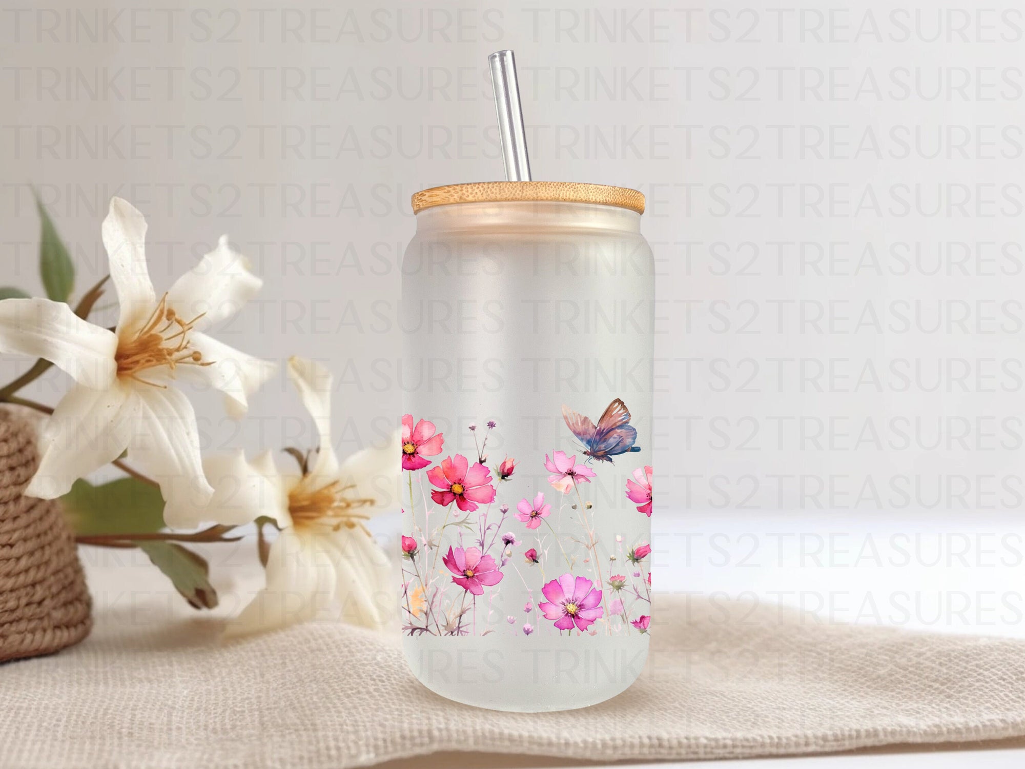 18oz Glass Can Pink Daisies #208