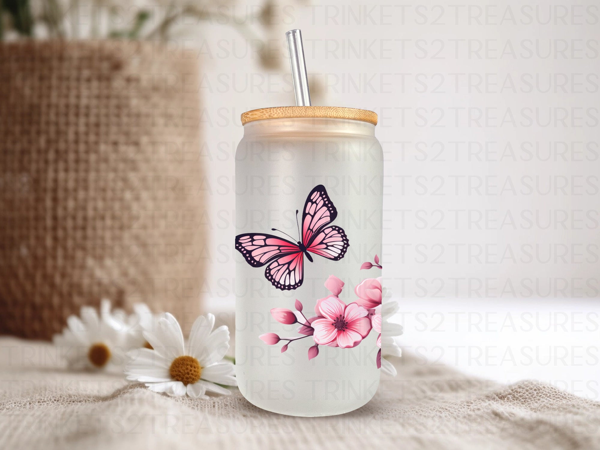 18oz Glass Can Pink Flowers and Butterfly #211