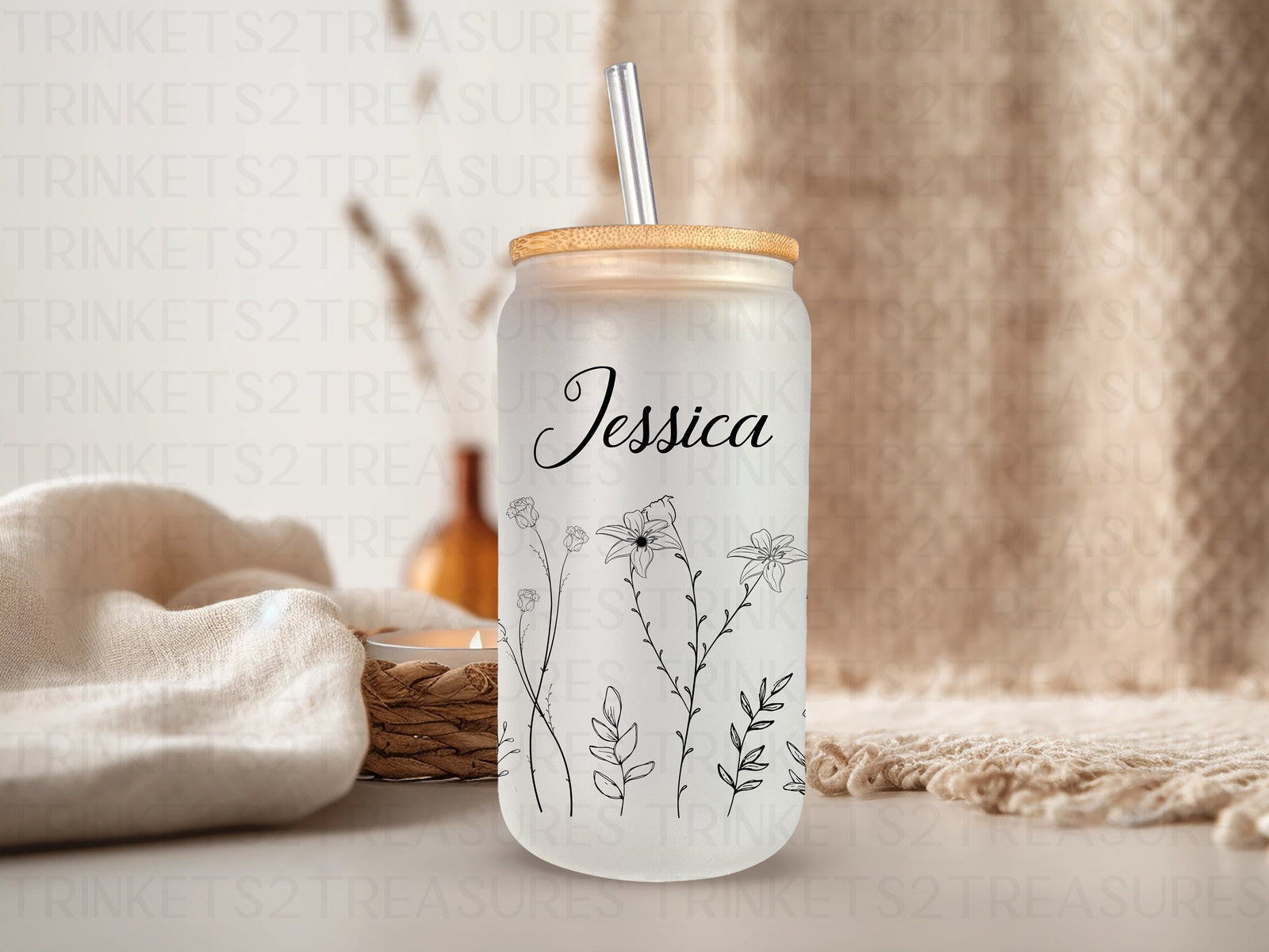 18oz Glass Can Simple Wildflowers #203