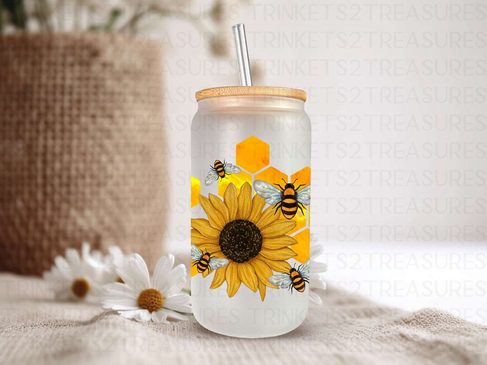 18oz Glass Can Sunflowers & Bees #201
