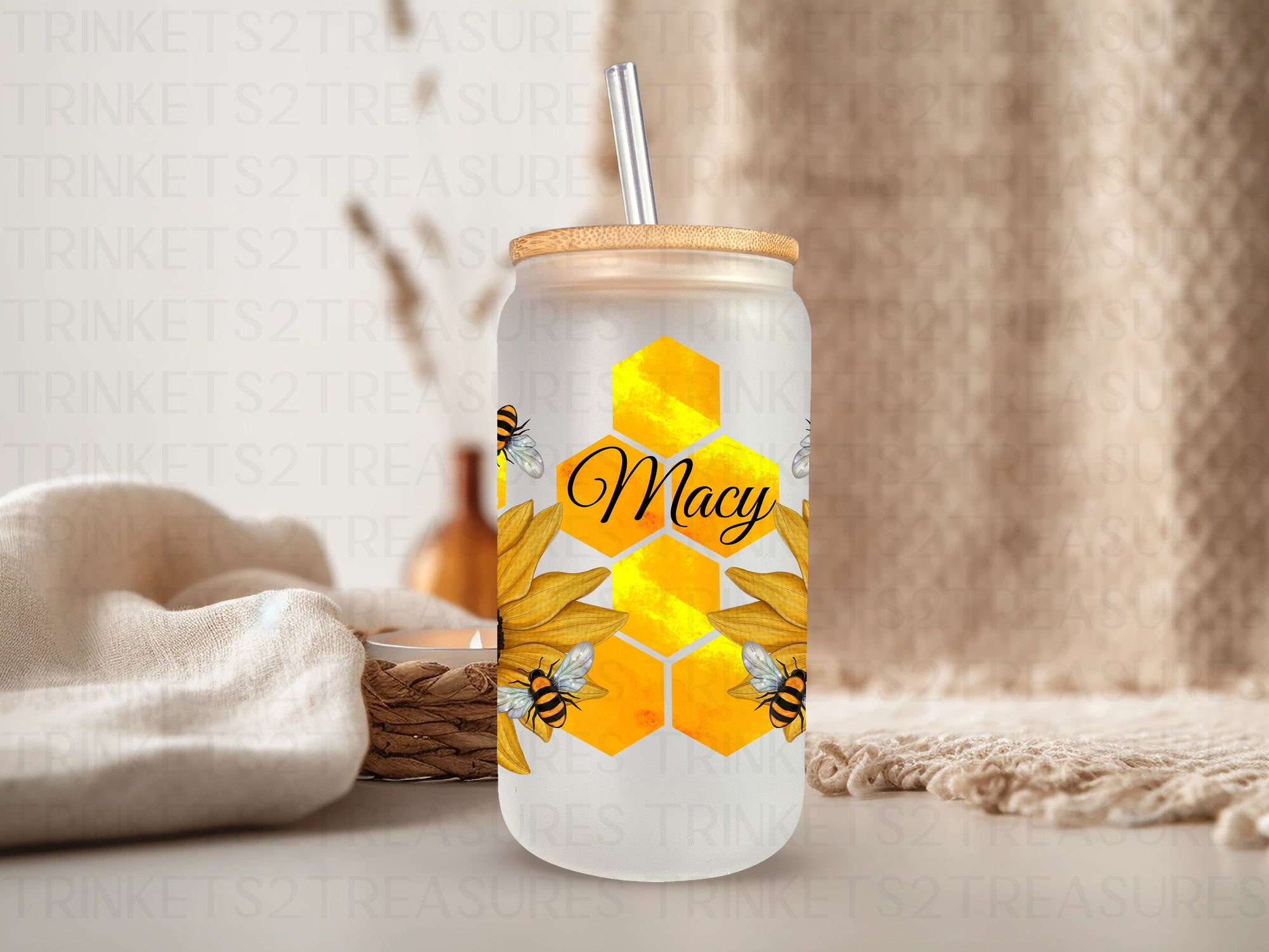 18oz Glass Can Sunflowers & Bees #201