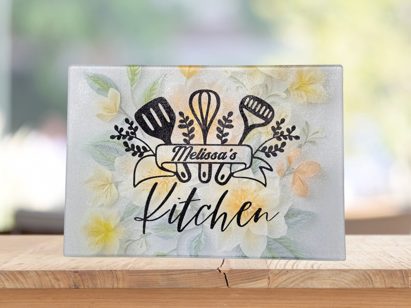Personalized 8" x 11" Textured & Tempered Glass Cutting Board/Flowers and Utensils Design/Space Saving Kitchen Accessory/#500