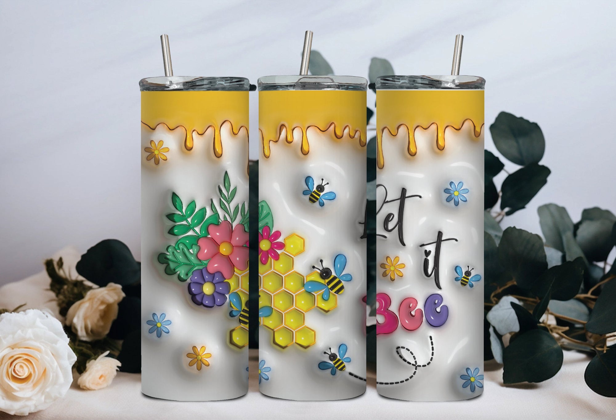 Personalized 20 oz Stainless Steel Tumbler with Metal Straw/Motivational Tumbler with Honey & Bees Design/#304