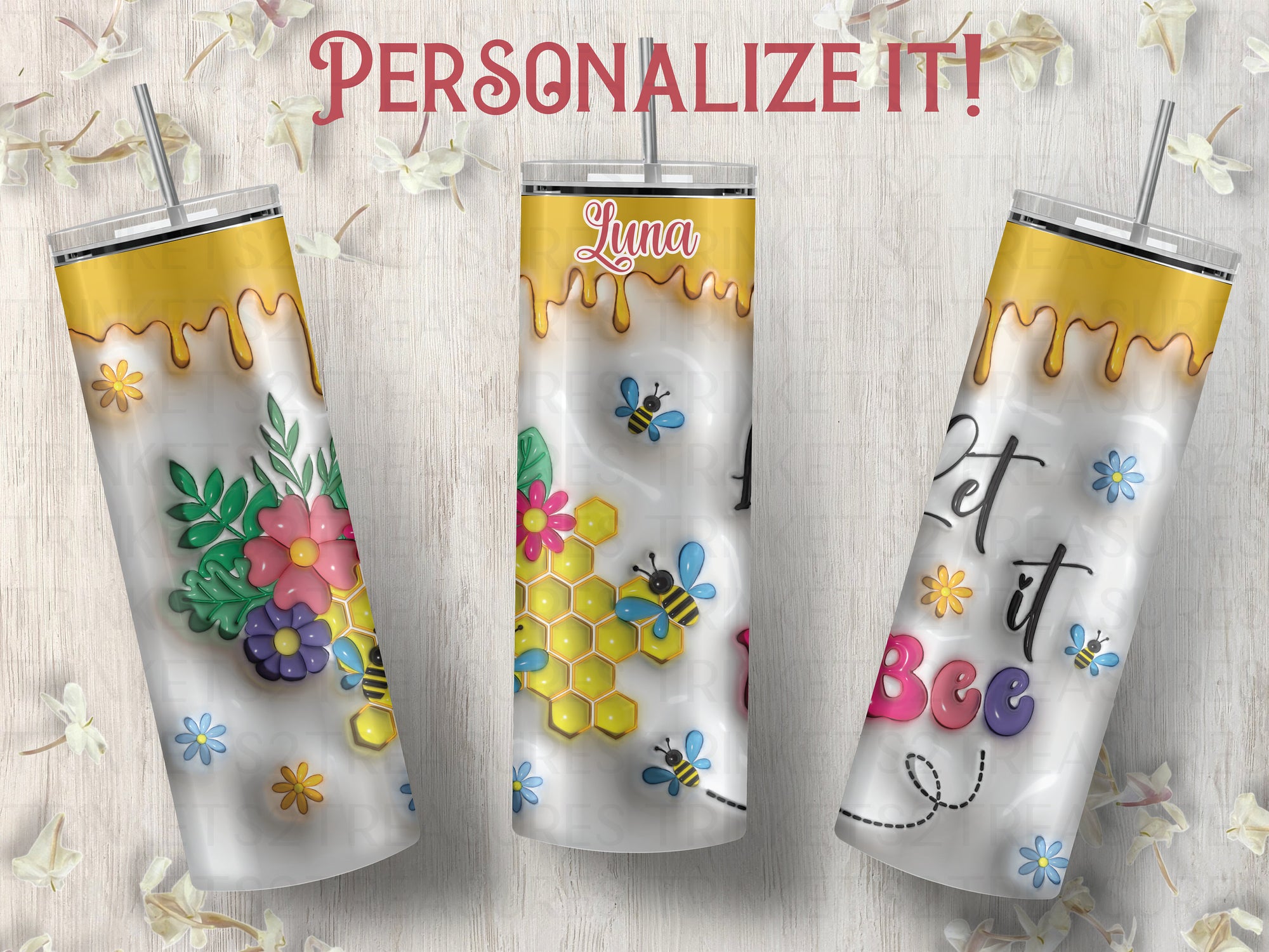 Personalized 20 oz Stainless Steel Tumbler with Metal Straw/Motivational Tumbler with Honey & Bees Design/#304