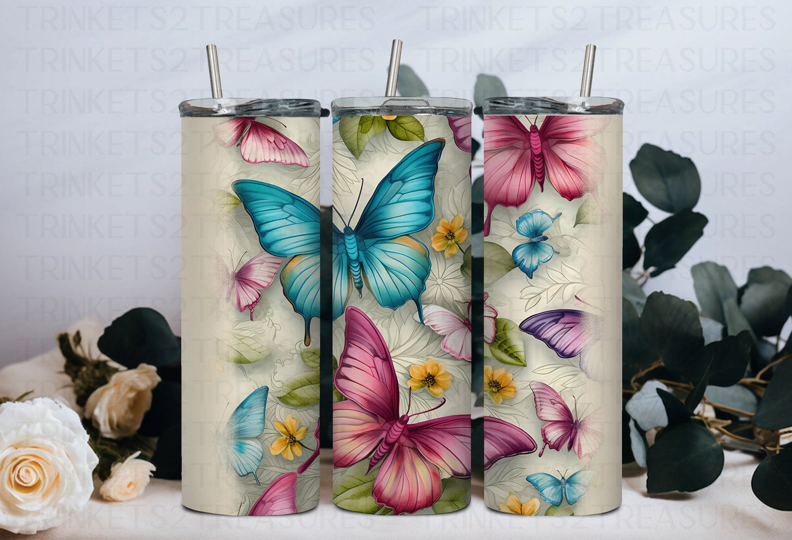 Personalized 20 oz Stainless Steel Tumbler/Includes Metal Straw/Butterfly Design/#300