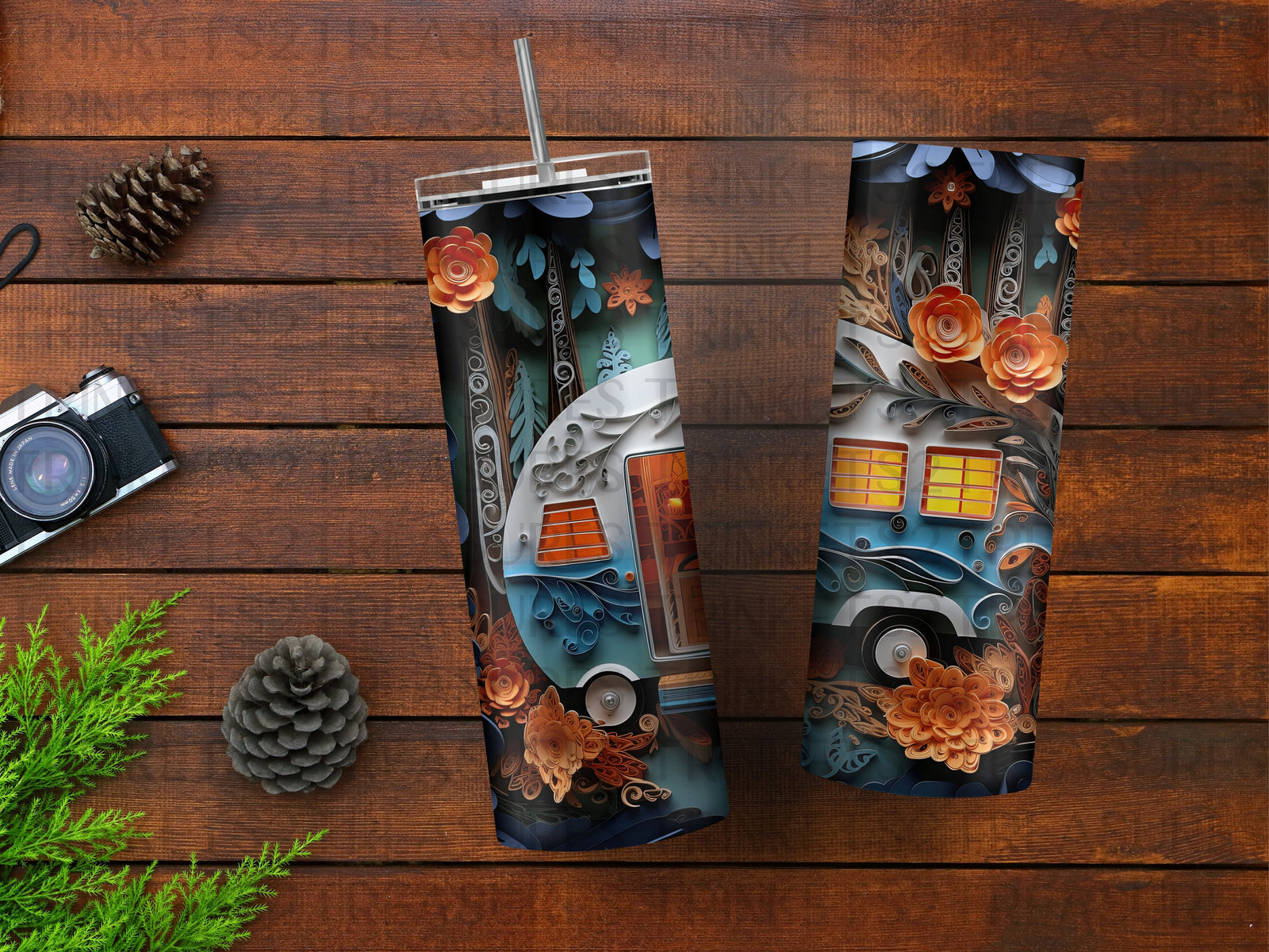 Personalized 20 oz Stainless Steel Tumbler with Metal Straw/Camping Tumbler with Camping Design/#303