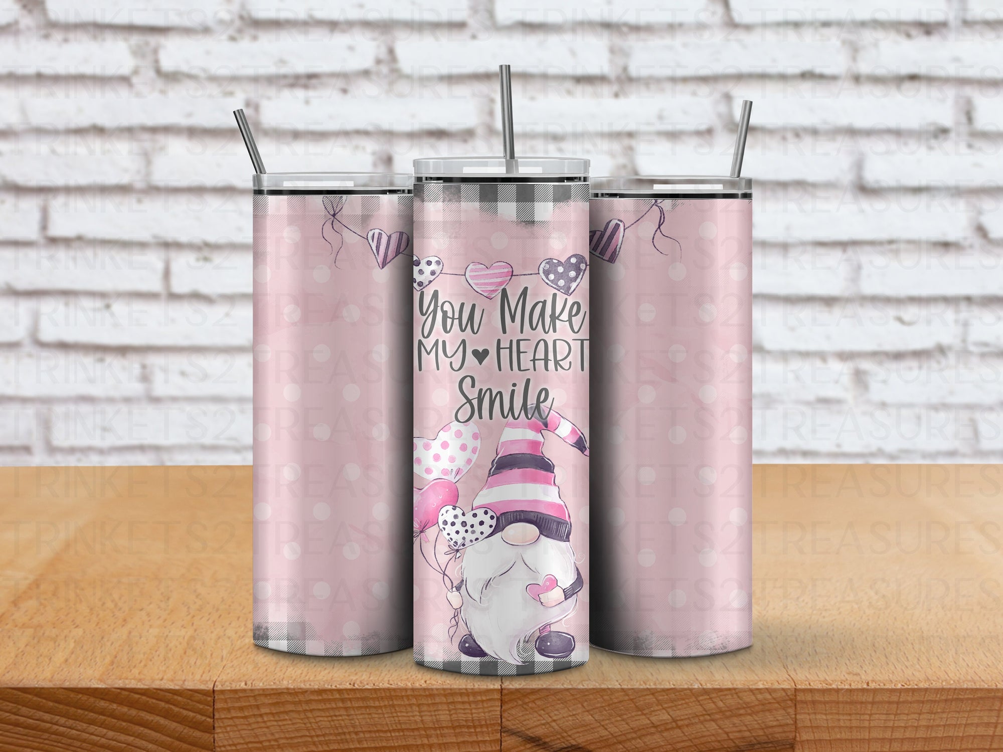 Personalized 20 oz Stainless Steel Tumbler with Metal Straw/Gnomes & Hearts Design/#307