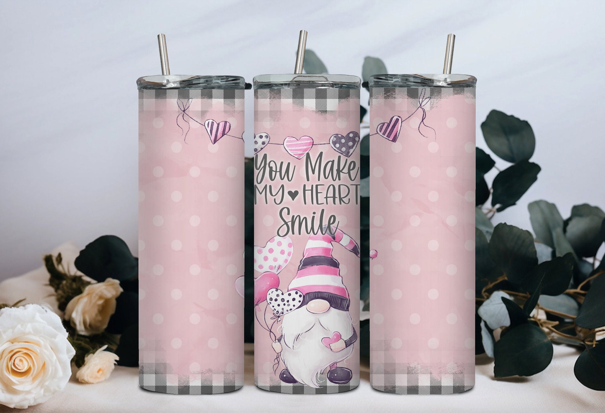 Personalized 20 oz Stainless Steel Tumbler with Metal Straw/Gnomes & Hearts Design/#307