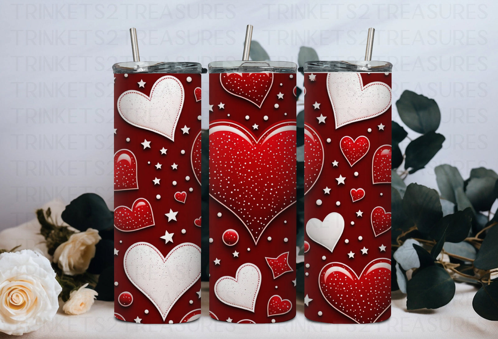 Personalized 20 oz Stainless Steel Tumbler with Metal Straw/Red & White Heart Design/#308