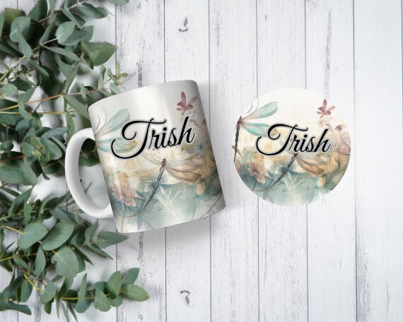 11 oz Ceramic Mug and Matching Coaster Set "Dragonflies" #112