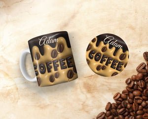 11 oz Ceramic Mug and Matching Coaster Set "Puffed Coffee" #113