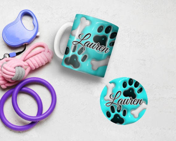 11 oz Ceramic Mug and Matching Coaster Set "Puffed Paw Prints & Bones" #110