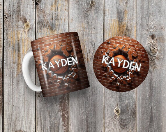 11 oz Ceramic Mug and Matching Coaster Set "3D Basketball" #109