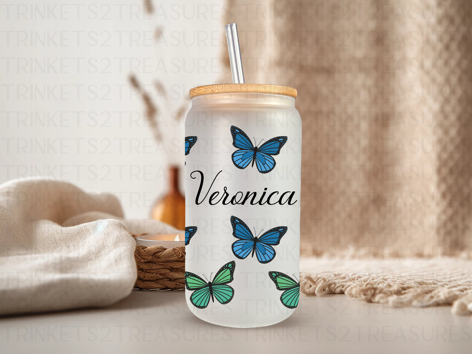 18oz Glass Can Blue Green Butterflies #220