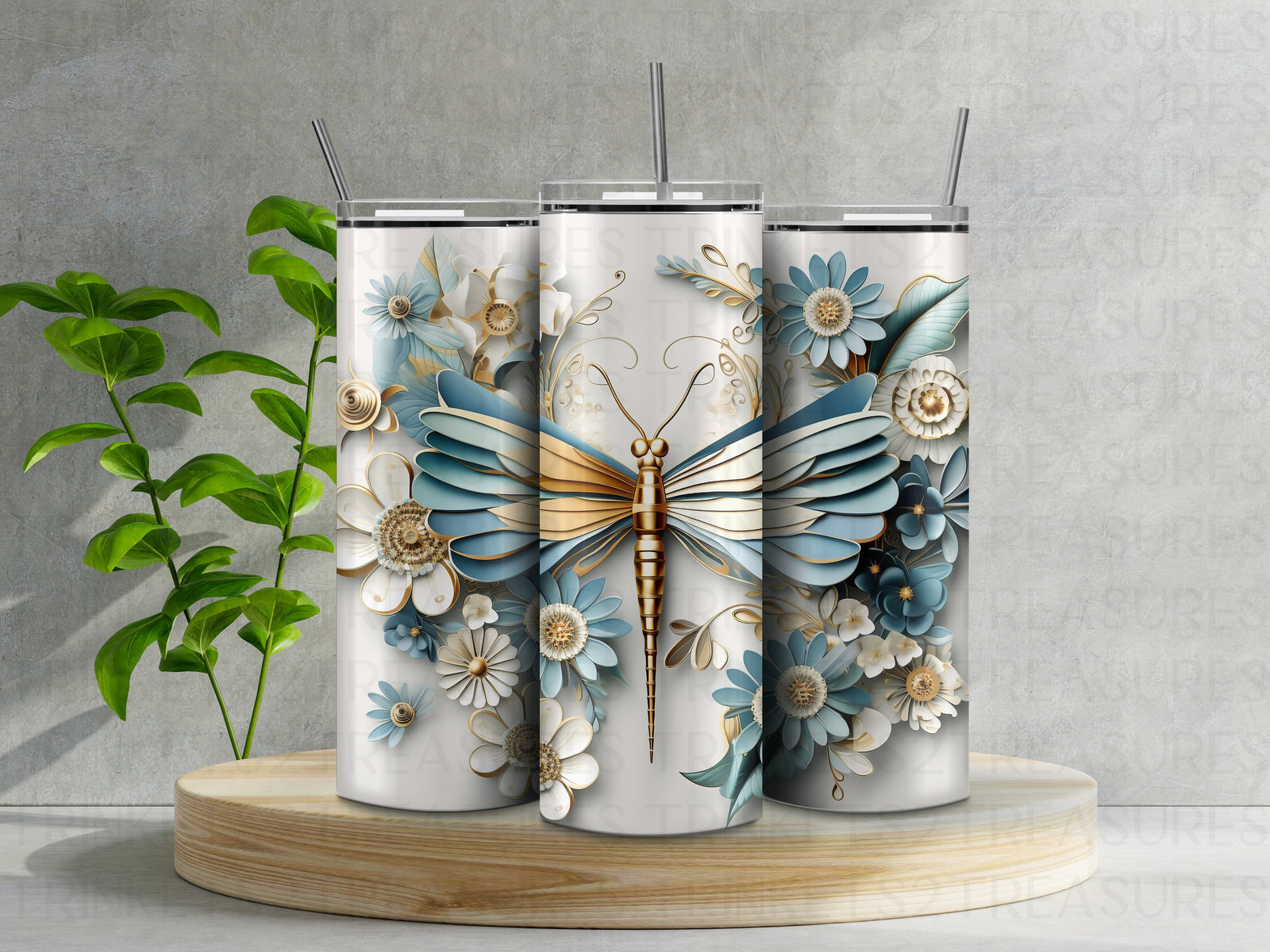 Personalized 20 oz Stainless Steel Tumbler/Includes Metal Straw/Gold & Blue Dragonfly Design/#309