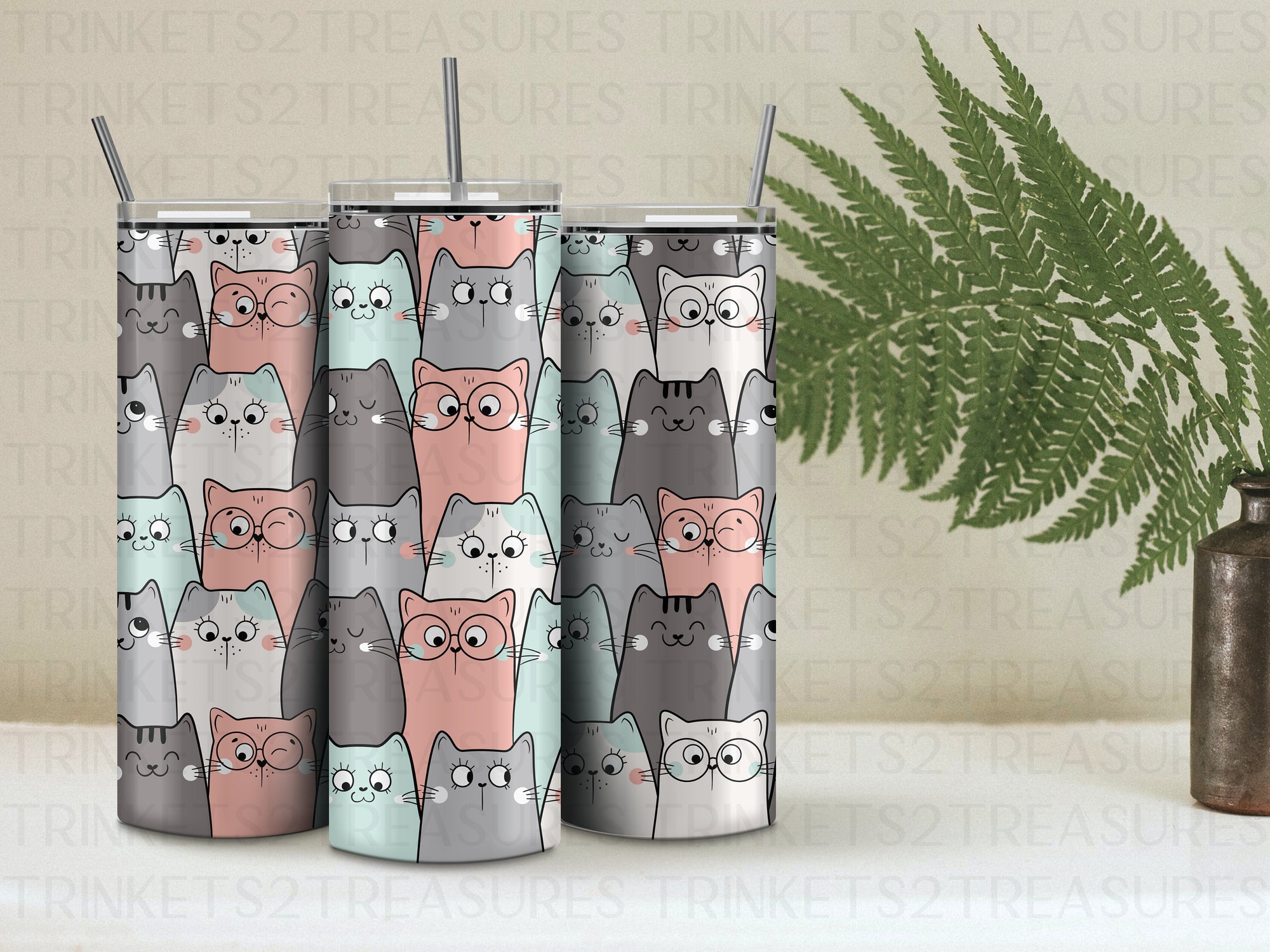 Personalized 20 oz Stainless Steel Tumbler/Includes Metal Straw/Cartoon Cats Design/#311