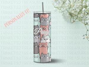 Personalized 20 oz Stainless Steel Tumbler/Includes Metal Straw/Cartoon Cats Design/#311