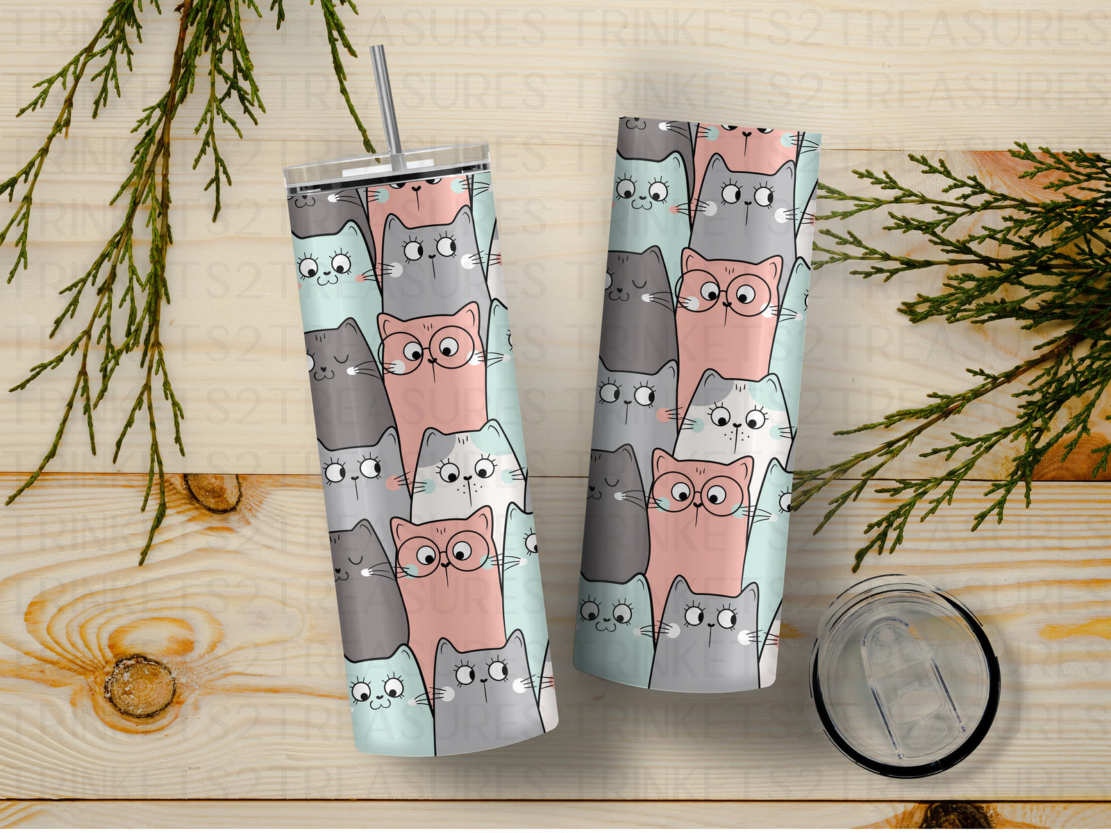 Personalized 20 oz Stainless Steel Tumbler/Includes Metal Straw/Cartoon Cats Design/#311