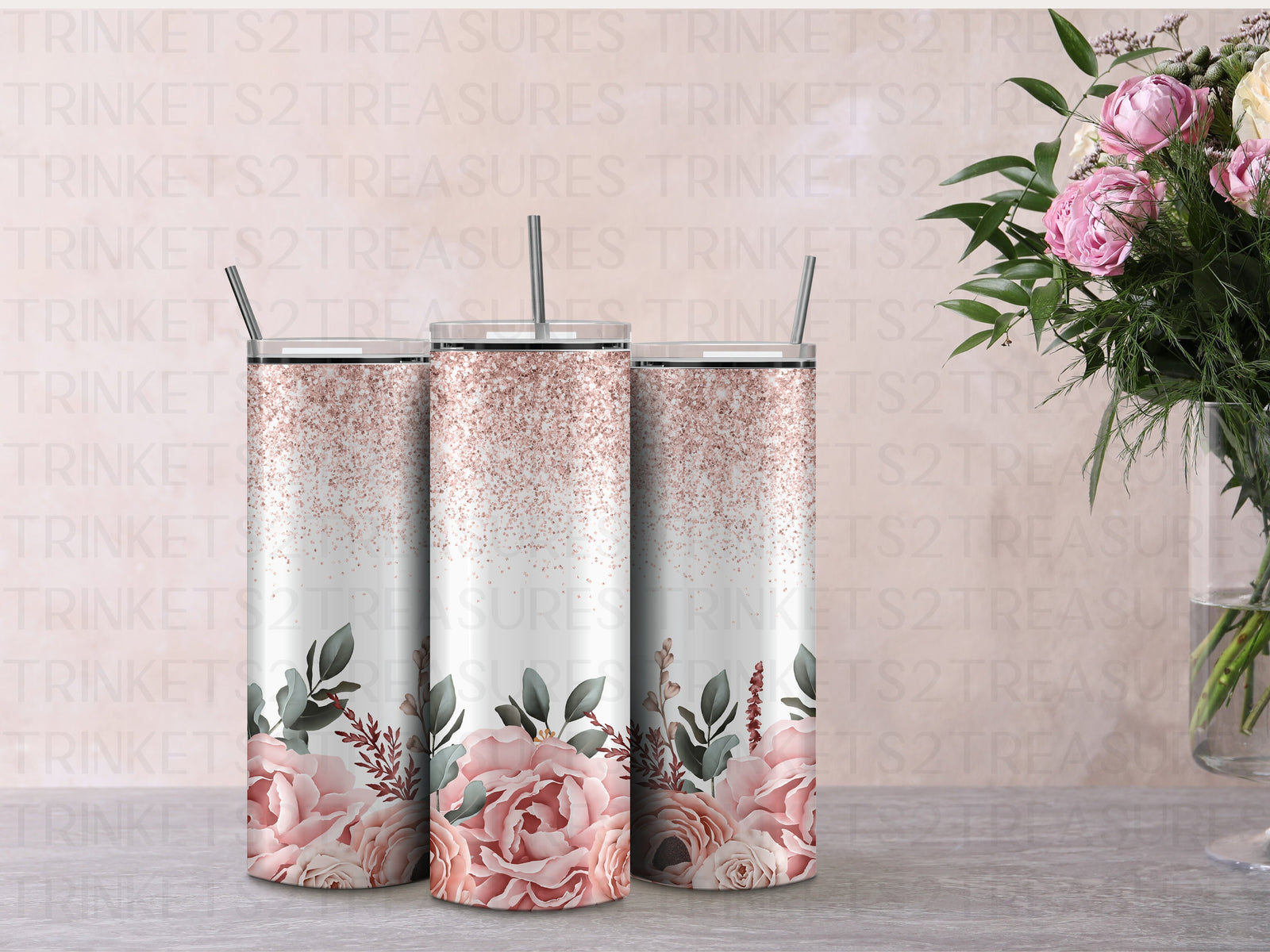 Personalized 20 oz Stainless Steel Tumbler/Includes Metal Straw/Pink Flowers & Glitter Design/#313