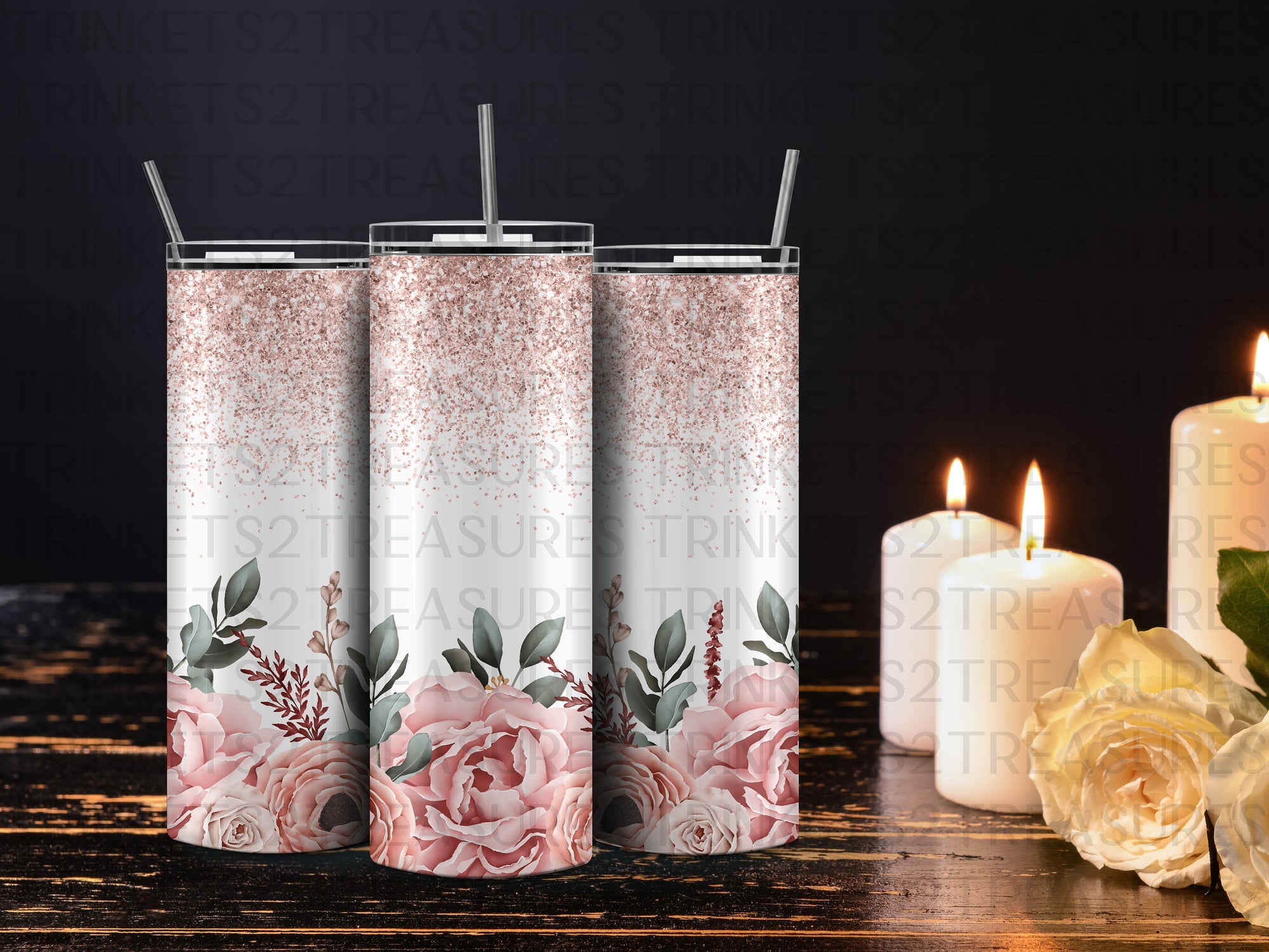 Personalized 20 oz Stainless Steel Tumbler/Includes Metal Straw/Pink Flowers & Glitter Design/#313
