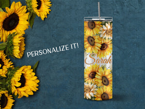 Personalized 20 oz Stainless Steel Tumbler/Includes Metal Straw/Sunflower Design/#314
