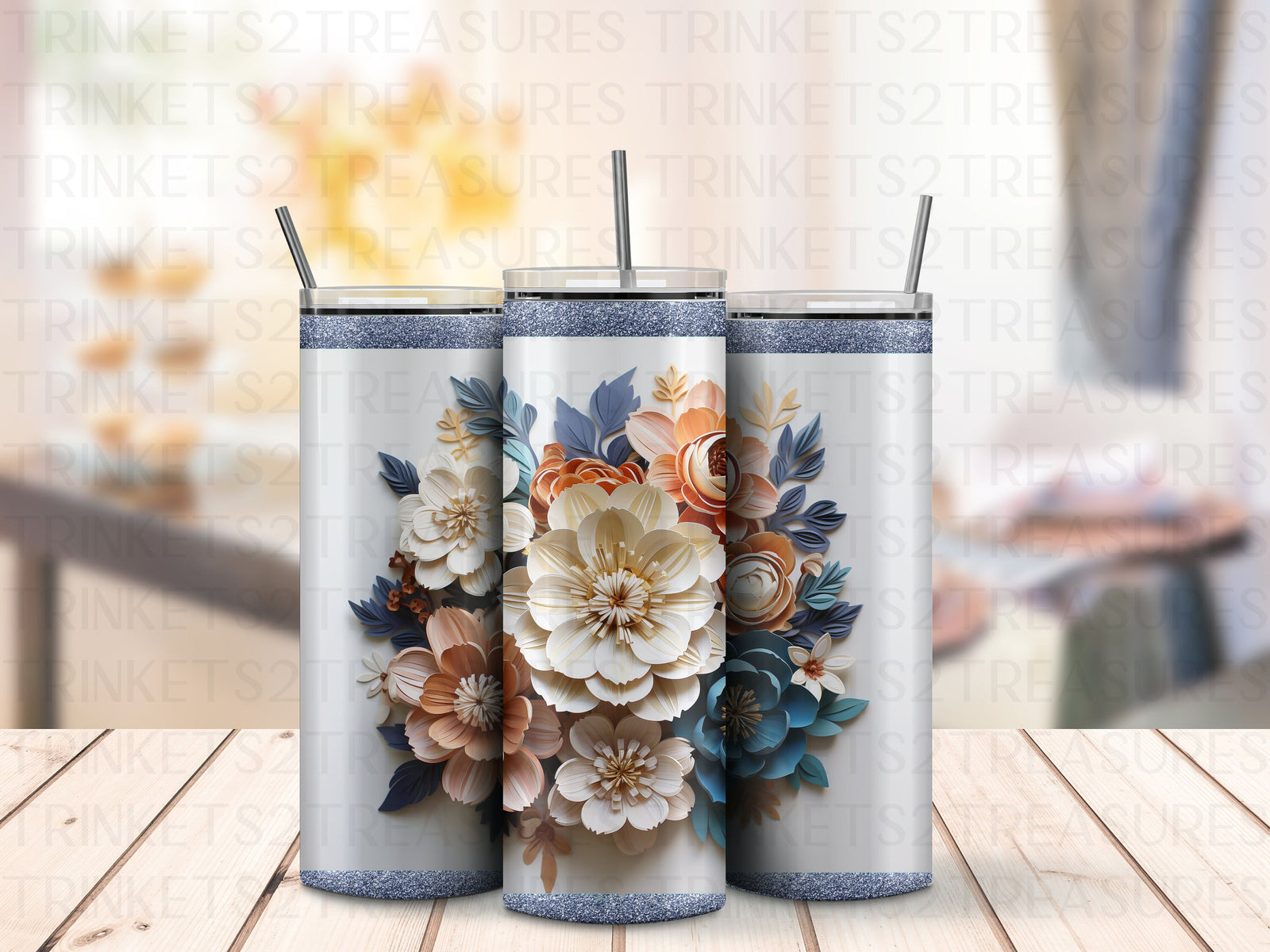 Personalized 20 oz Stainless Steel Tumbler/Includes Metal Straw/3D Blue Paper Flowers Design/#318