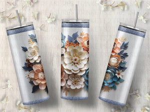 Personalized 20 oz Stainless Steel Tumbler/Includes Metal Straw/3D Blue Paper Flowers Design/#318