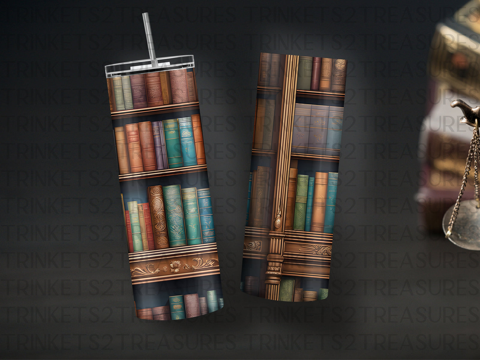 Personalized 20 oz Stainless Steel Tumbler/Includes Metal Straw/Library & Books Design/#317