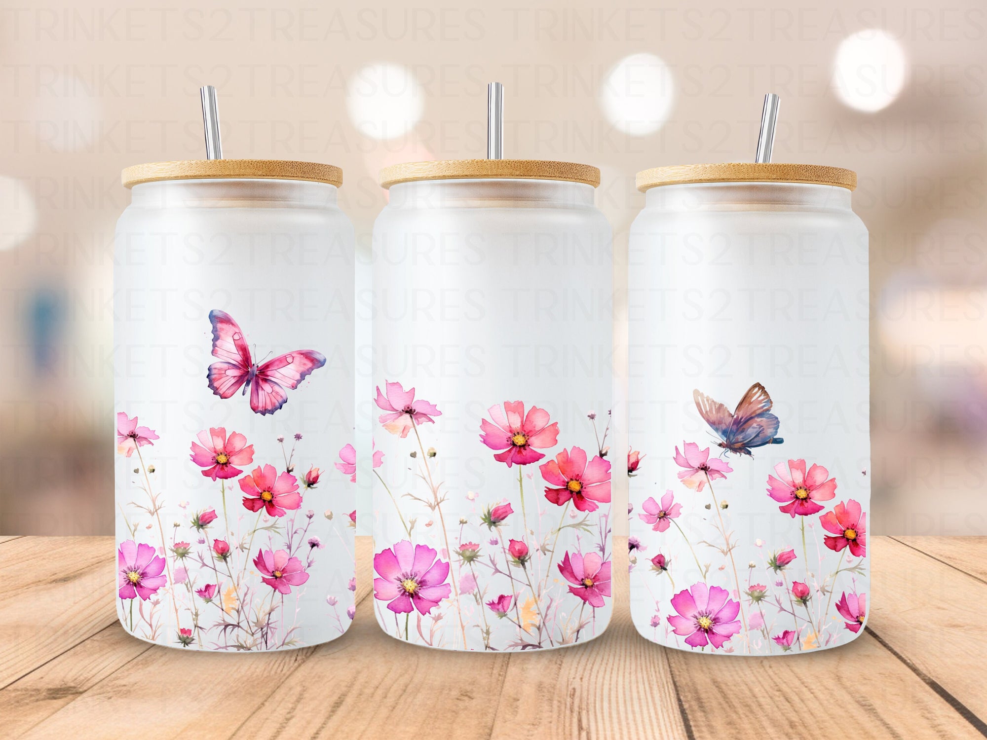 18oz Glass Can Pink Daisies #208