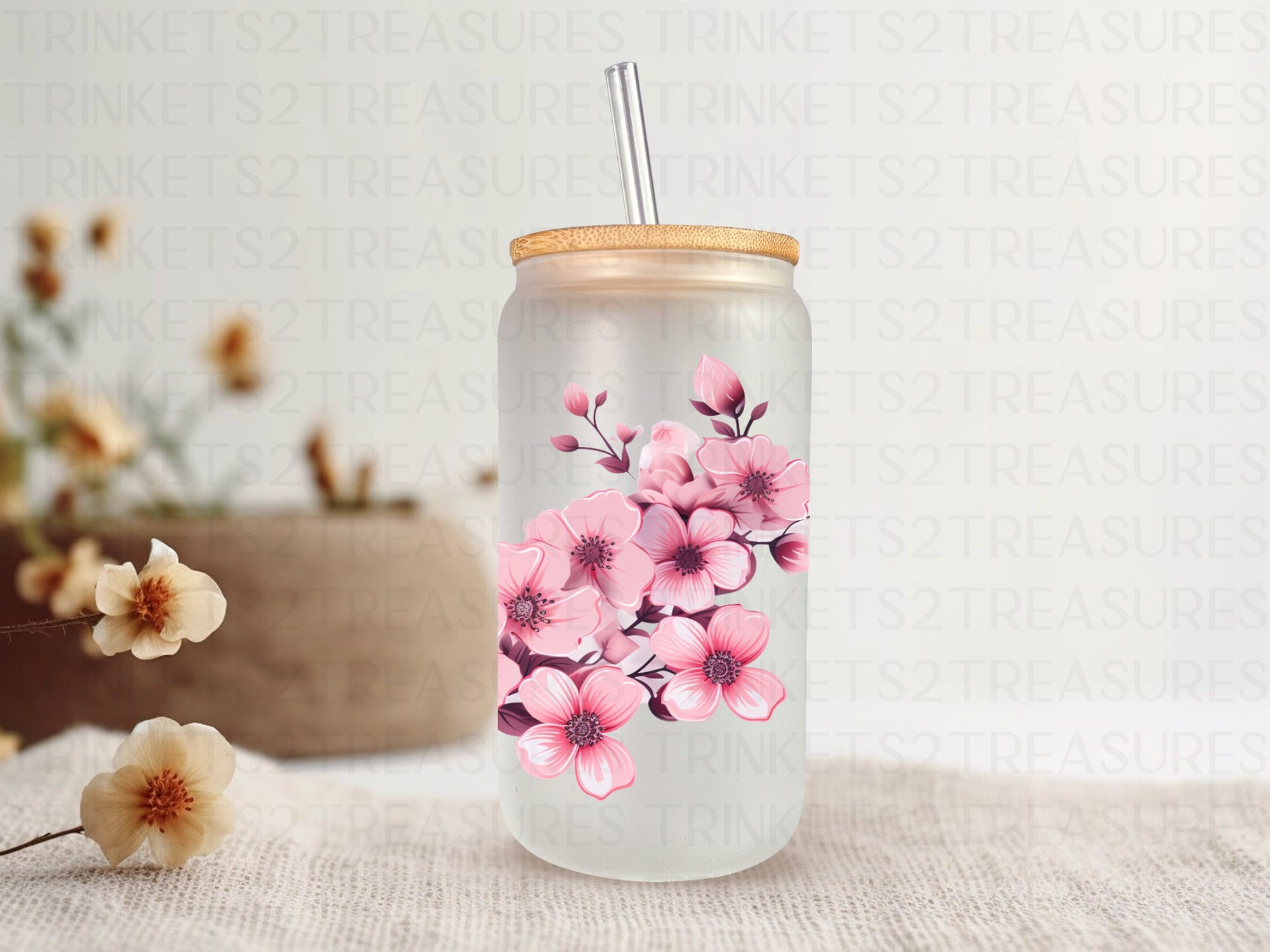 18oz Glass Can Pink Flowers and Butterfly #211