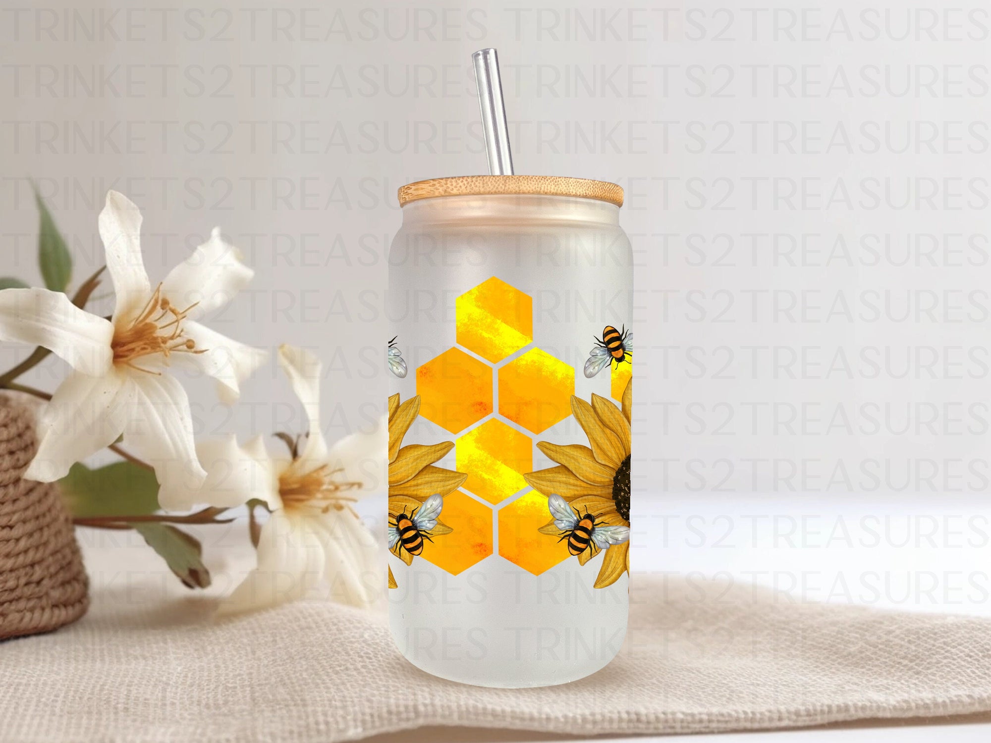 18oz Glass Can Sunflowers & Bees #201