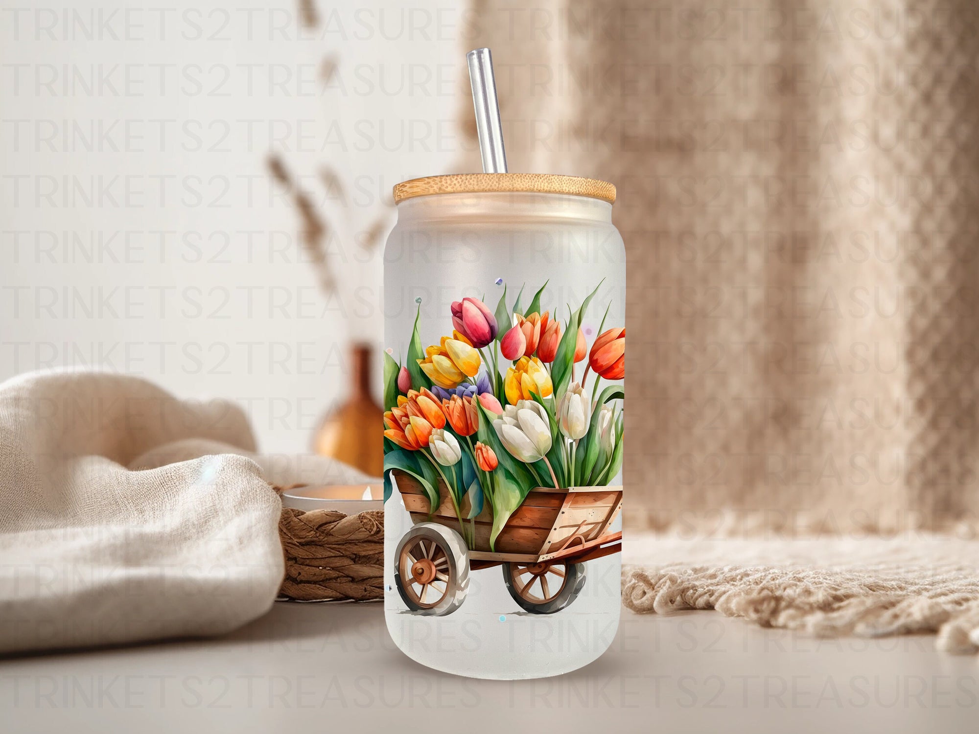 18oz Glass Can Tulips & Boots #219