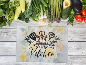 Personalized 8" x 11" Textured & Tempered Glass Cutting Board/Flowers and Utensils Design/Space Saving Kitchen Accessory/#500