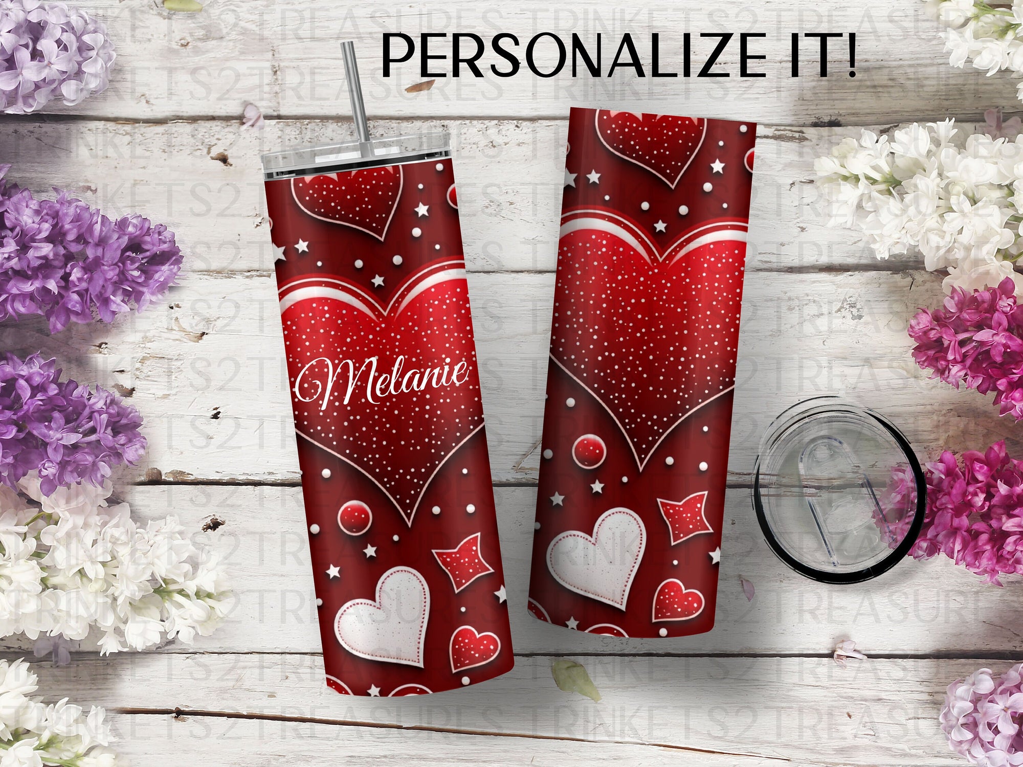 Personalized 20 oz Stainless Steel Tumbler with Metal Straw/Red & White Heart Design/#308