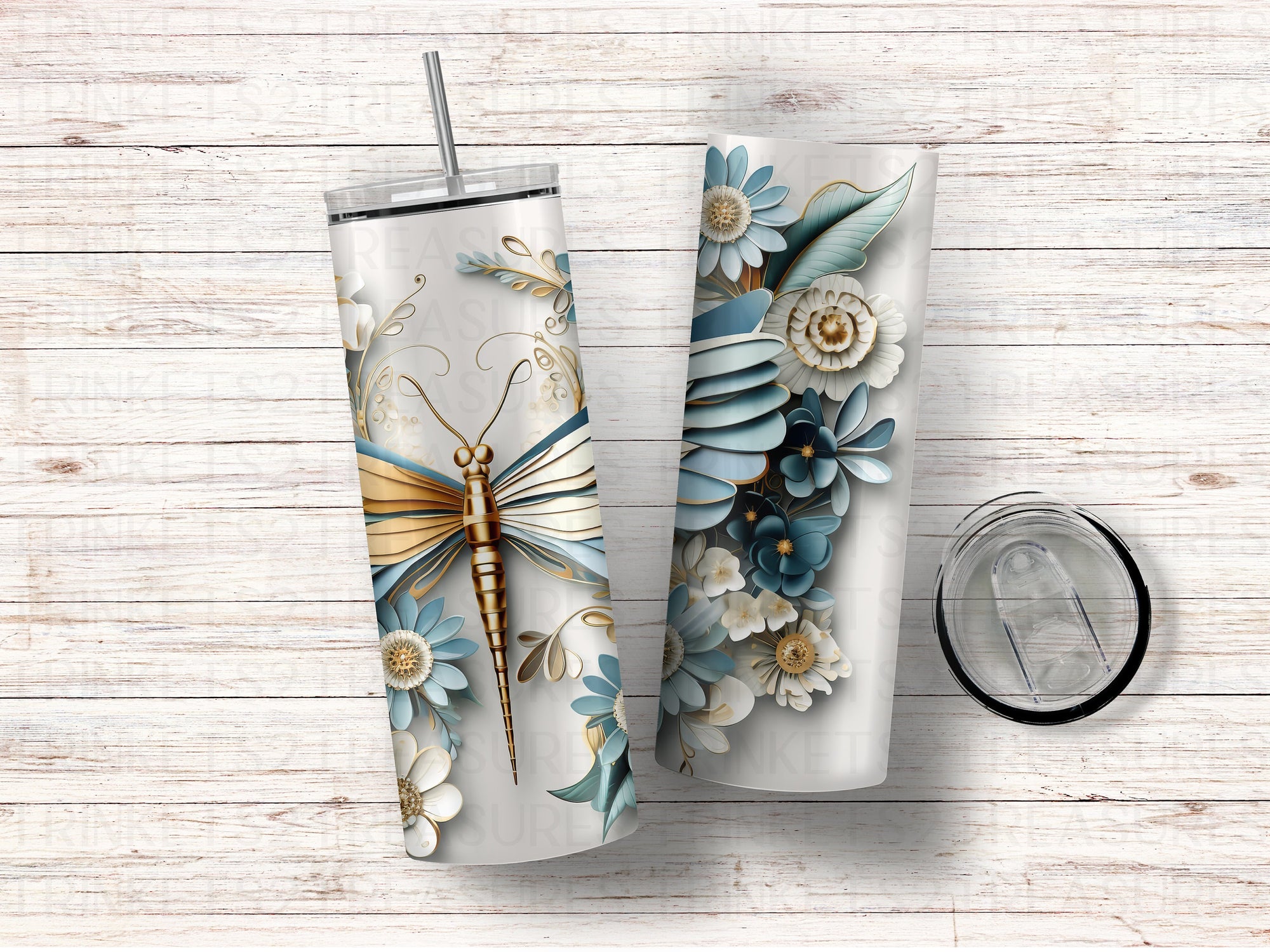 Personalized 20 oz Stainless Steel Tumbler/Includes Metal Straw/Gold & Blue Dragonfly Design/#309