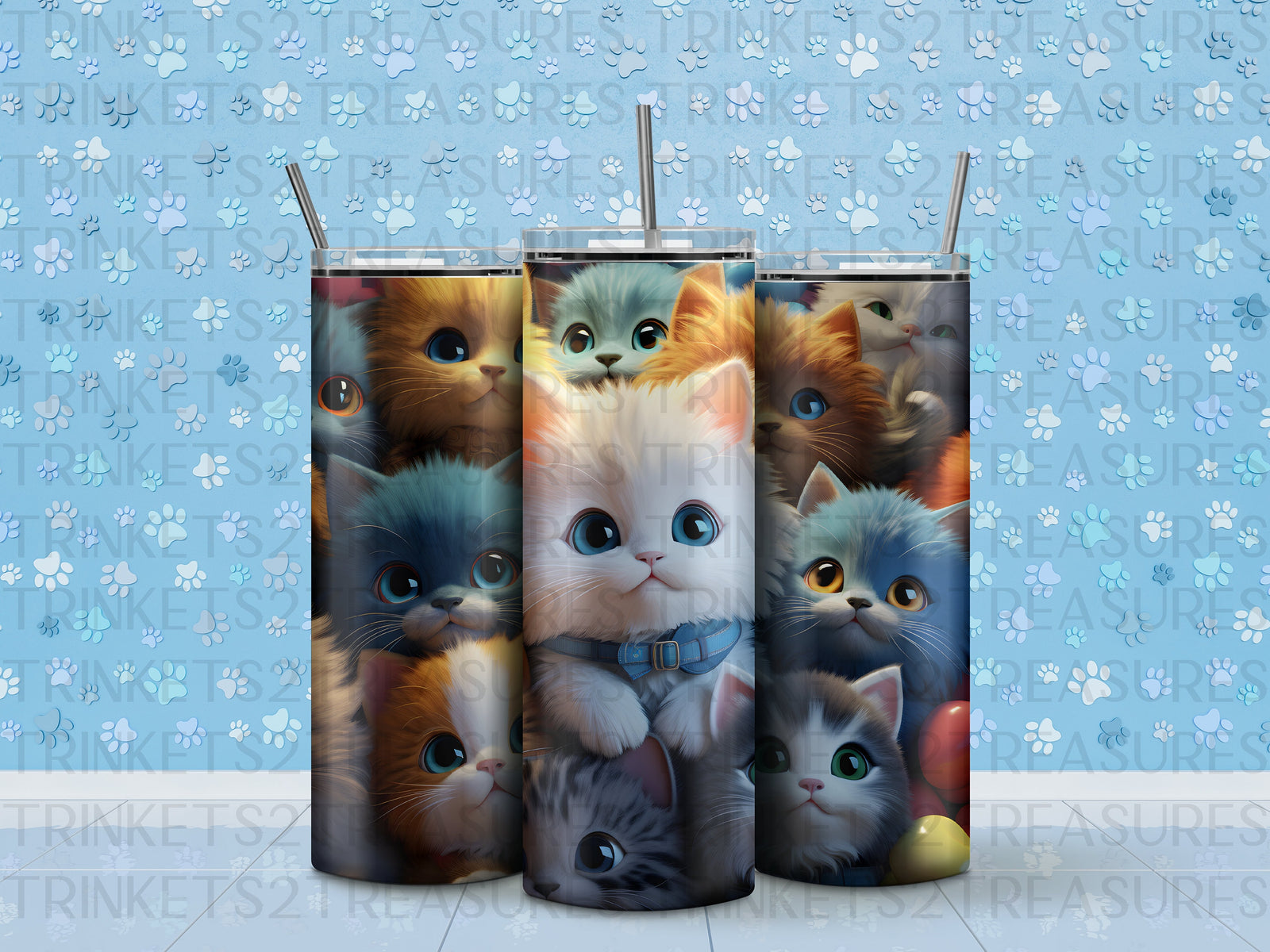 Personalized 20 oz Stainless Steel Tumbler/Includes Metal Straw/3D Cats Design/#310